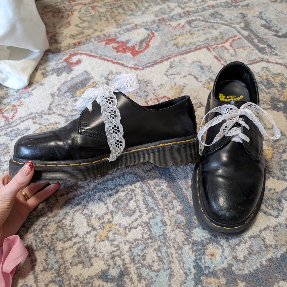 Dr. Martens 1461 Black Leather Lace-Up Shoes with White Lace Ribbons